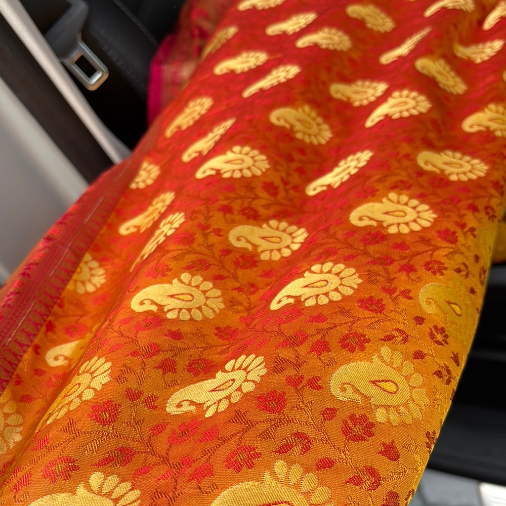 Long Indian Sari Scarf – Silk Blend with Gold Detailing